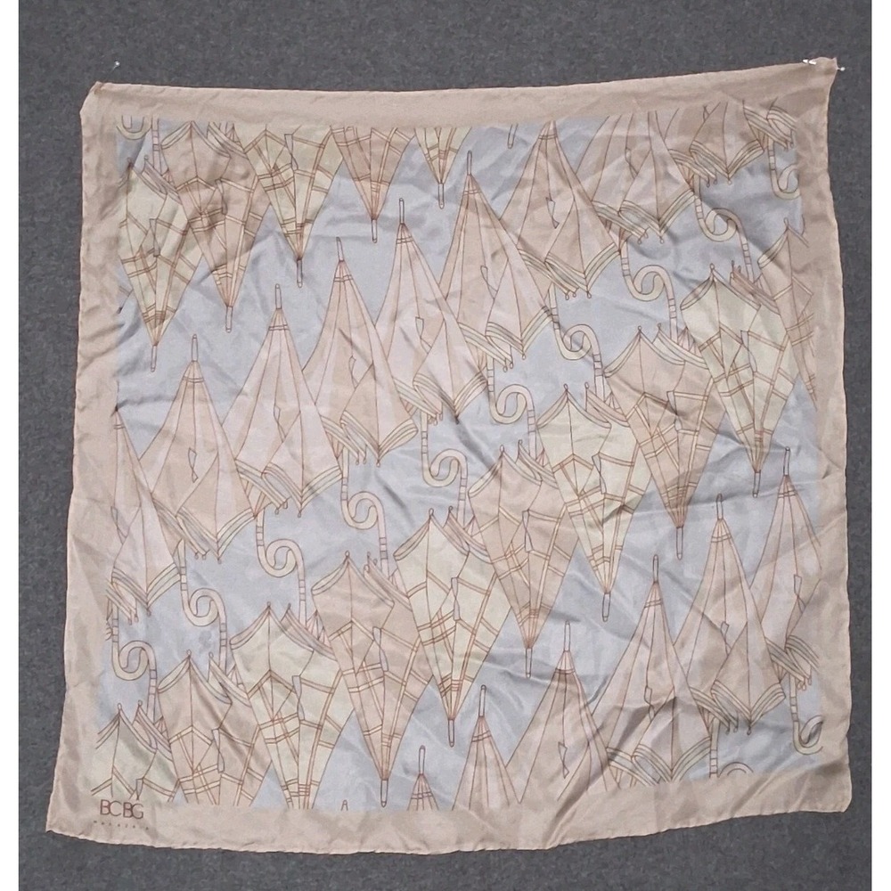 BCBG Max Azria 100% Silk Scarf Square Umbrella Print Tan Gray Handrolled Hem